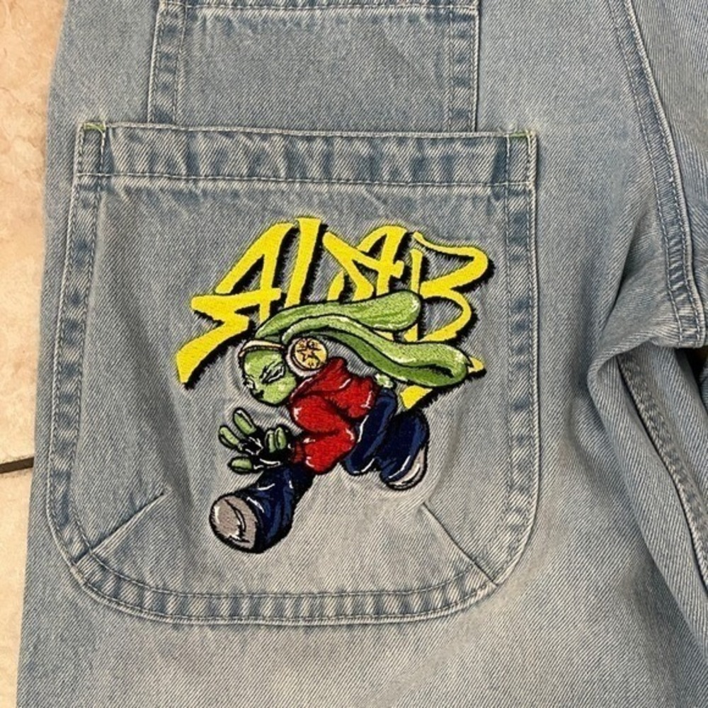 Vintage ALAB Mega Rave Y2K Baggy Denim Jorts 32 Blue Graffiti Distressed Skater